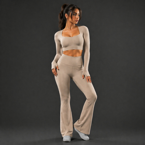 Conjunto de Ropa Deportiva Personalizada para Mujer, Pantalones de Yoga con Corte Acampanado, Leggings de Cintura Alta, Top de Manga Larga, Ropa Deportiva Transpirable - Product Image 1