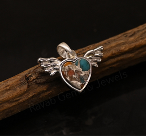 Colgante de alas de ángel de plata 925 con turquesa y ostra espinosa en forma de corazón de 8 mm, con engaste de bisel, dije romántico unisex - Product Image 2