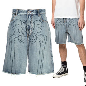 Unisex Acid Washed Baggy Denim Jorts Knitted Mid Waist Shorts Trending Streetwear Hem Denim Shorts for <b>Men</b> - Product Image 1