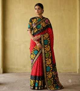 Sari de seda Dola suave con estampado Bandhni y borde de tejido jacquard - Product Image 1