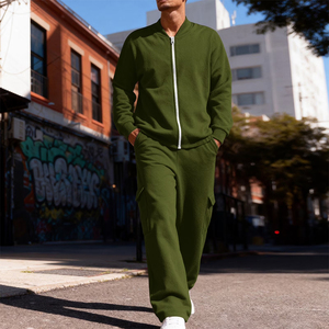 Best Quality Olive Green Tracksuit Full Sleeve Zipper Front Casual Loose <b>Fit</b> Cargo Pocket Autumn Wear Adult Size - Product Image 5