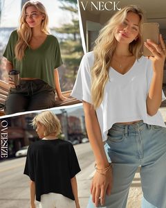 Camiseta Corta de Mujer con Cuello en V y Hombros Caídos, Color Sólido, Manga Corta, Corte Holgado, Estilo Casual para Primavera/Verano - Product Image 5
