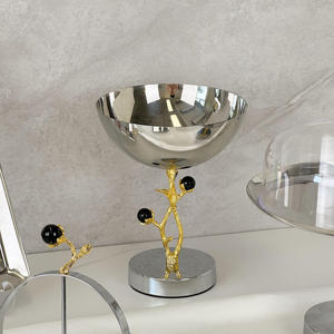 Luxury Silver Pedestal Serving Bowl With Gold Branch Black <b>Crystal</b> Stem Elegant Metal Compote Chalice For Home Decor - Product Image 4