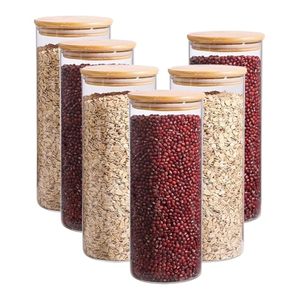 Bocaux de conservation en verre avec couvercles en bois, forme cylindrique, hermétiques, pour la conservation de la fraîcheur, récipients alimentaires de cuisine, design minimaliste - Product Image 1