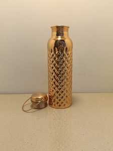 Premium Diamond Cut Pure <b>Copper</b> Water Bottle 1000ml Pineapple Grid Pattern Flask Gym Sports Carry <b>Handle</b> Metal Drinkware - Product Image 2