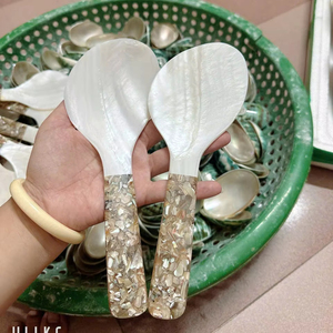 AUTHENTIC MOTHER OF PEARL SPOONS 23CM NATURAL SEA SHELL SALAD SERVERS WITH HANDCRAFTED SHELL CHUOI CAM IRIDESCENT <b>MOP</b> TABLEWARE - Product Image 1