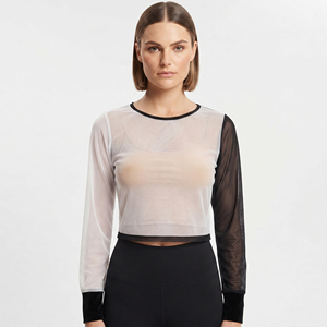 Top Corto de Malla para Mujer, Manga Larga, Cuello Redondo, Tejido Transparente, Transpirable, Color Sólido, Estilo Transparente - Product Image 6