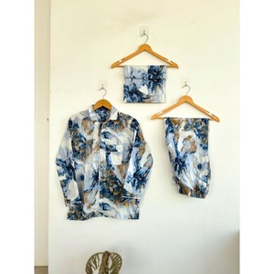 Ensemble de pyjama bohème à imprimé floral 100% coton, manches longues, coupe régulière, taille élastique, vêtements décontractés quotidiens, toutes saisons, respirant - Product Image 1