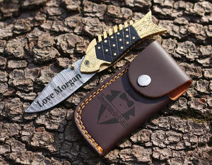 Cuchillo plegable de acero de Damasco 58HRC con hoja recta y punta caída, mango de madera y hueso, calidad industrial, cuchillo de camping, regalo para el compañero/a de vida. - Product Image 4