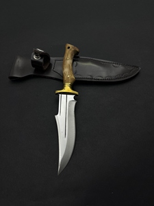 Camping Knife 4116 Stainless Steel Full Tang Partially Serrated Hunting/Skinner Knife with Brass and Wood Handle <b>Leather</b> Sheath - Product Image 4
