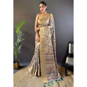 Sari de Seda Crema Assam con Estampado Kalamkari y Borde Tejido con Hilo Zari para Vestidos de Cóctel - Product Image 3