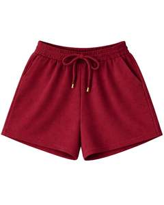 Conjunto de dos piezas para mujer: top corto acanalado y shorts con cordón, color rojo intenso con bordado de cereza, estilo casual y personalizable. - Product Image 3