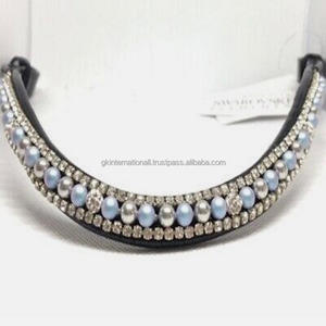 Banda de cuero genuino negro de alta calidad para cejas de caballo, diseño personalizado con 3 filas de perlas azules y cristales blancos, banda para cejas de caballo - Product Image 5