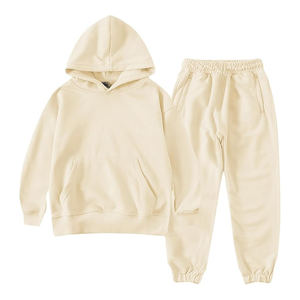 Conjuntos de Chándal para Niños con Capucha Oversize en Color Crema, Pantalones de Chándal de Pierna Recta de Felpa de Algodón Premium, Ropa Cómoda para Estar en Casa - Product Image 1
