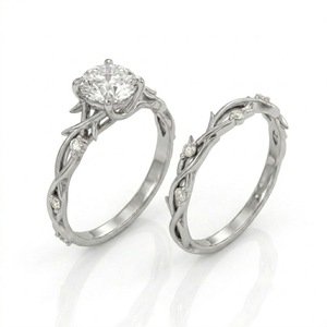 Ensemble de bagues de fiançailles Twig en or massif 14 carats avec diamants de laboratoire, bague feuille celtique, ensemble de bijoux de mariage, ensemble de bagues pour couple - Product Image 6