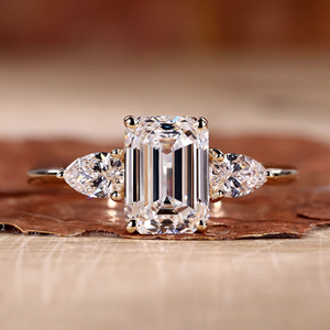 Emerald Cut Moissanite Engagement Ring Pear Side Stone Diamond Ring Yellow Gold Bridal Jewelry for Women - Product Image 1