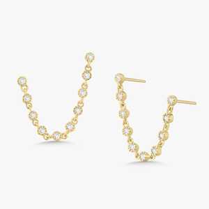 Wholesale Double <b>Piercing</b> Chain <b>Earrings</b> Push Back 14K Solid Gold Round Lab Grown Diamond Two Hole Ear Chain Studs Factory Price - Product Image 3
