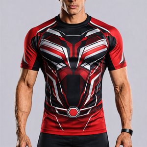 Camiseta de Compresión Geométrica Roja y Negra para Hombre, Manga Corta, Secado Rápido, Poliéster, Protección UV - Product Image 4