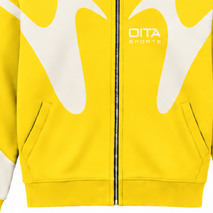 Sudadera con capucha amarilla con paneles en contraste y cremallera completa para hombre, estilo urbano, manga larga, personalizada, informal, de forro polar, con bolsillos. - Product Image 6