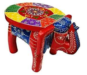 Taburete Decorativo Ecológico de Madera con Forma de Elefante, Diseño Art Deco Hecho a Mano, Motivos Tradicionales Pintados a Mano, para Bodas y Diwali - Product Image 1