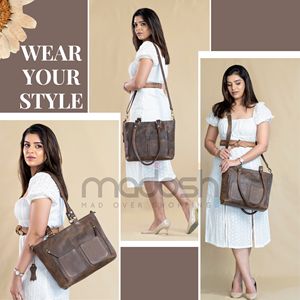 Women's Genuine Leather Vintage Style Tote Bag Zipper Closure Crossbody <b>Top</b> Handle Durable Lightweight 3L+ Capacity Handbag - Product Image 5