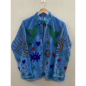 Veste en velours de coton tricoté brodée à la main pour femme, col mandarin, manches longues, motif floral d'automne, manteau ouvert sur le devant - Product Image 1