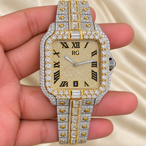 Reloj de Lujo Raj Gems con Diamantes, Esfera Analógica de Cuarzo, Correa de Acero Inoxidable de 18 mm, Cristal de 41 mm, Tono Dorado, Números Romanos, Cierre Desplegable - Product Image 3