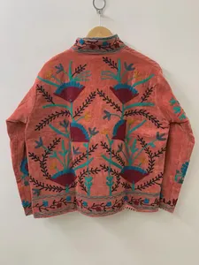 Handcrafted Peach Pink Velvet Jacket <b>For</b> <b>Women</b> Artisanal Floral Hand Embroidered <b>Coat</b> Traditional Indian Ethnic Bohemian Jacket - Product Image 3