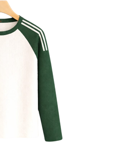 T-shirt à manches longues raglan vert foncé et blanc personnalisé pour homme, en coton côtelé, col rond, style décontracté, type baseball, fabricant et fournisseur OEM - Product Image 2