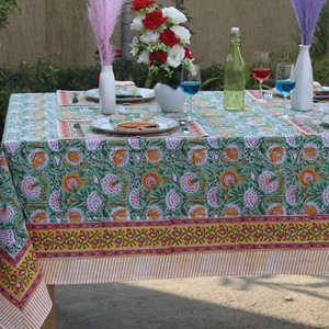 Handblock Printed Handmade Premium Quality Durable All Seasons Modern <b>Tablecloth</b> Green White Wedding Custom Size Cloth - Product Image 3