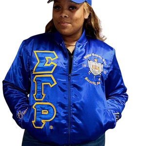 เสื้อแจ็คเก็ต Sigma Gamma Rho สีน้ำเงินรอยัล ผ้าซาติน พรีเมียม สไตล์บอมเบอร์  ผิวเงา  แฟชั่นลำลอง เสื้อคลุมสำหรับสตรี - Product Image 1