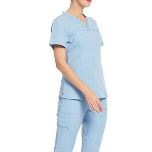 Tenue médicale élégante en coton extensible et tissé, blouses à col en V pour femmes, ensemble infirmière avec logo personnalisé - Product Image 5
