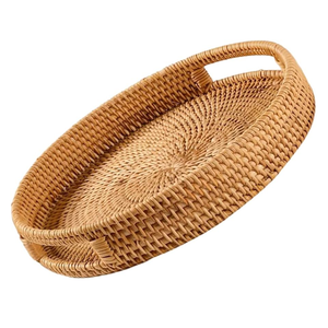 Plateau de service artisanal de qualité supérieure en rotin traditionnel, avec poignées en bois massif, fibres naturelles, pour thé, café, collations, plateaux décoratifs - Product Image 6