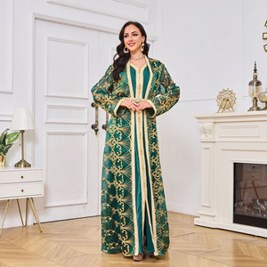 Conjunto de Dos Piezas de Abaya Verde Bordada en Poliéster, Vestido Musulmán de Manga Larga, Elegante para Fiestas y Eventos, Ropa Recta para Oración para Mujeres - Product Image 3