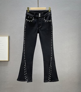 Pantalon évasé taille haute pour homme avec perles, style décontracté, délavage sable, fermeture boutonnée, tissu tissé mi-lourd, idéal pour l'automne - Product Image 1