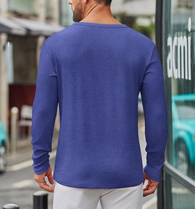 Chemise décontractée tricotée à manches longues pour homme, bleue, couleur unie, respirante, col en V, manches longues, pour le printemps, col rond décontracté pour homme - Product Image 2