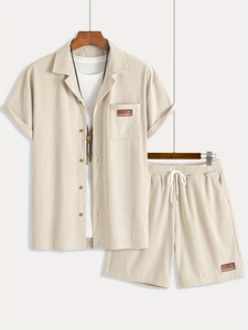 Two-Piece Men's Beige Summer <b>Set</b> Casual Two Piece Outfit Men's Two Piece <b>Set</b> Short Sleeve Shirt And Shorts - Product Image 2