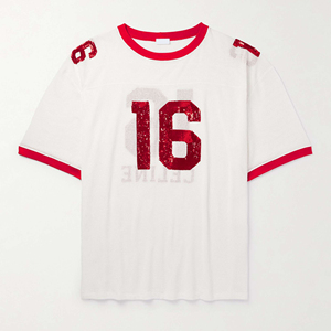 White Mesh Football Jersey Unisex V-neck Short Sleeve <b>Sequin</b> Number 16 <b>Red</b> Trim Breathable Polyester Custom Printed 220g Adult - Product Image 1