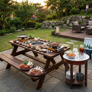 Outdoor Solid Teak Wood Picnic <b>Table</b> Set with Attached <b>Benches</b> Rustic <b>Garden</b> Furniture for Backyard Patio Seating Capacity 4 - Product Image 2