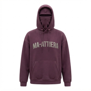 Women's Burgundy Balaclava Pullover Hoodie Fleece Sweatshirt <b>Face</b> Cover Oversized Streetwear - Product Image 3