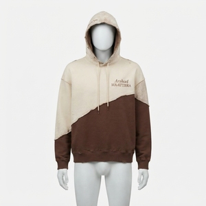 Sweat-shirt à capuche personnalisé bicolore pour homme, style streetwear, coupe oversize, couleur crème et marron, effet vieilli vintage, en molleton, décontracté, urbain, vente en gros - Product Image 1