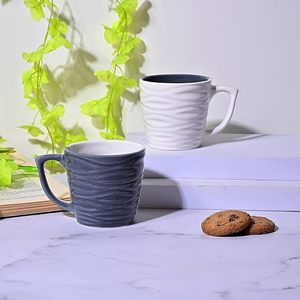 Ensemble de 2 tasses en céramique émaillée texturée ondulée grise et blanche, compatibles micro-ondes, 350 ml, en grès, pour thé/café - Product Image 4