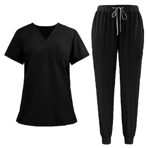 Conjunto de Uniforme Médico para Mujer, Color Negro, Cuello en V, Manga Corta, Pantalones con Cordón, Uniforme de Hospital al por Mayor, Tejido de Algodón y Poliéster - Product Image 1