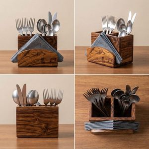 Porte-couverts en bois avec support à mouchoirs, organisateur de table à manger pour cuillères, fourchettes, couteaux, rangement de cuisine rustique et décoration intérieure - Product Image 5