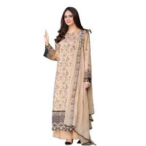 Salwar Kameez de Algodón Beige Bordado para Mujer, Estilo Tradicional Étnico de India y Pakistán, Largo hasta el Suelo, Corte Regular, para Bodas - Product Image 1