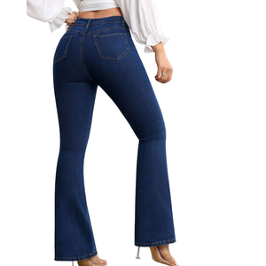 High <b>Waisted</b> Flare <b>Jeans</b> Women Regular Fit Denim Pants Vintage Dark Wash <b>Elastic</b> Bell Bottom Winter Casual Solid - Product Image 2