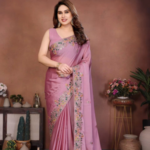 Luxury Indian Embroidery Work Silk Organza Saree With Blouse Piece For Womens For Party Wear Wedding in Bollywood Style - Product Image 1