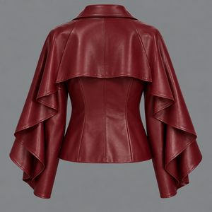 Women Burgundy <b>Leather</b> Ruffle Sleeve Fitted <b>Blazer</b> <b>Jacket</b> Peplum Button Front Fashion Coat - Product Image 5