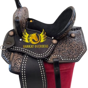 Silla de montar de cuero para caballo, estilo western, de doble tono, negra con acabado rugoso y marrón con grabado floral, duradera, portátil, para carreras de barriles y equitación. - Product Image 1