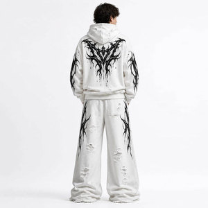 Printed Breathable <b>Tracksuit</b> Hooded Zipper Full Length Sweatshirt Pants Set <b>White</b> Black Design Regular Fit Winter Wear Two Piece - Product Image 1